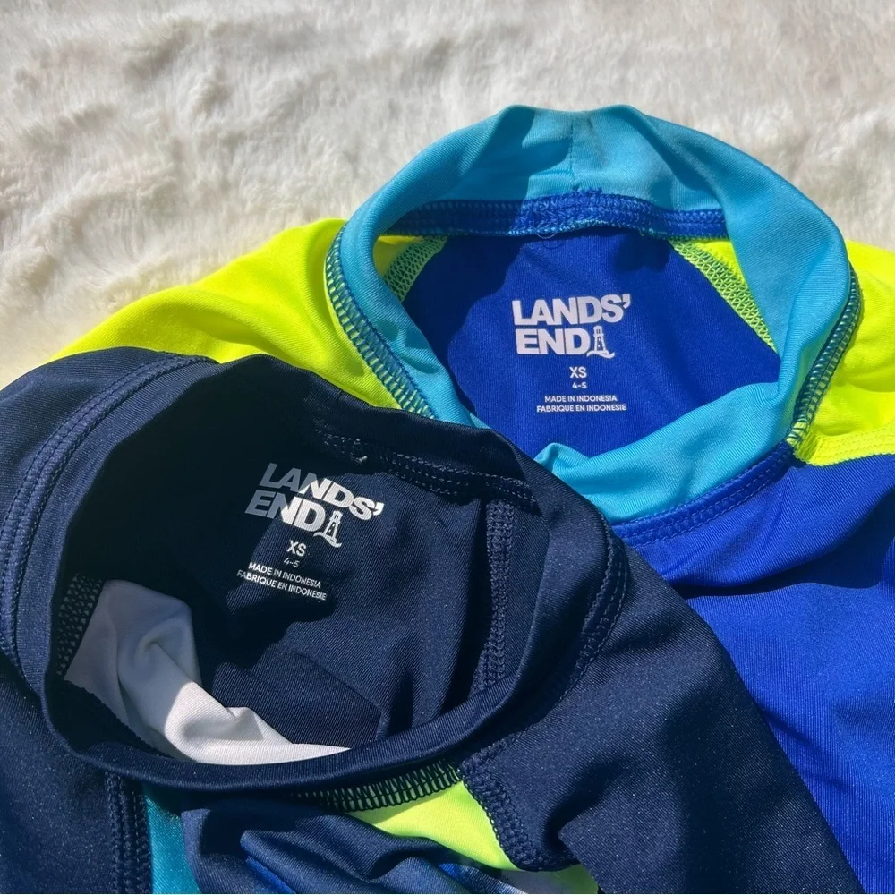 Lands’ End Boys Rash Guard Swim Set XS 4-5 Blue Neon + Swim Trunks
